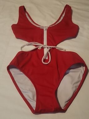 Red Cutout One-Piece Swimwear with Front Zip and Tie